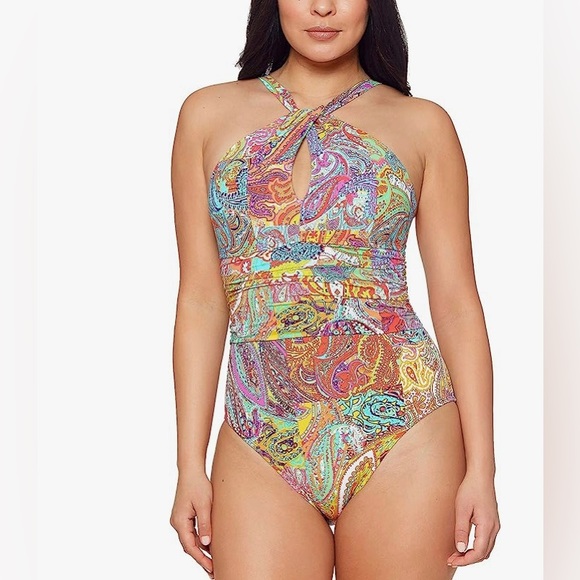 Bleu Rod Beattie Bohemian Paradise paisley High Neck Mio full coverage swimsuit - Picture 1 of 6